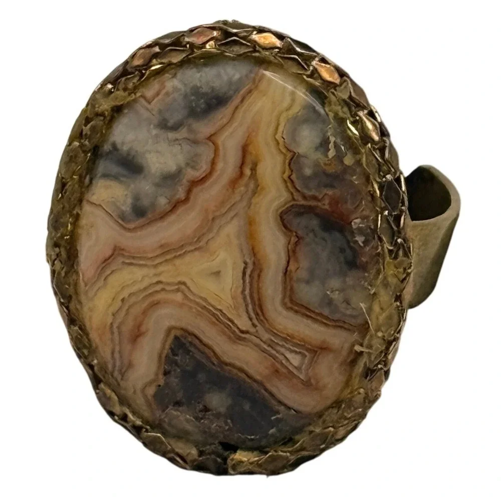 Vintage Banded Agate Adjustable Statement Ring Oval Natural Stone Boho Artisan